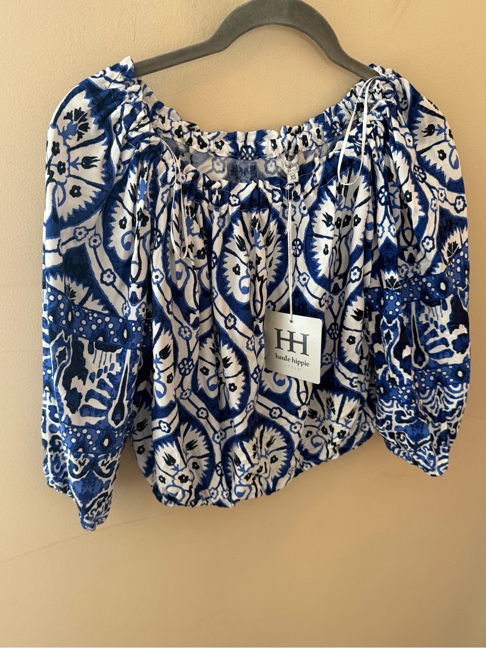 Haute Hippie Balloon Sleeve Blue Batik Boho Off The Shoulder Cropped Top Size XS